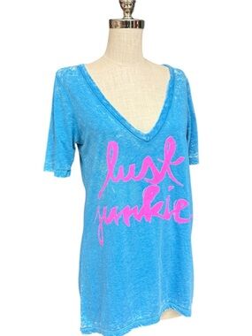 Chaser “Lust Junkie” Burnout Tee Blue Pink Graphic V Neck Short Sleeve Size S